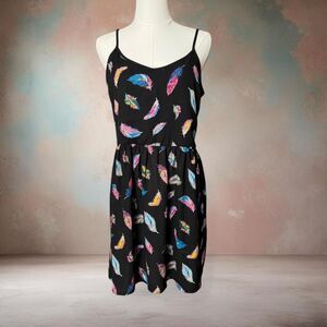 Xhilaration Women's Mini Dress Large Black with Multicolor Feathers Modern Boho